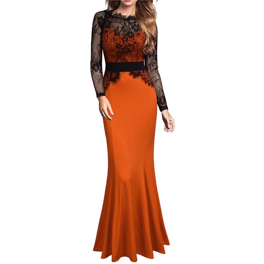 Orange Floral Lace Evening Gown